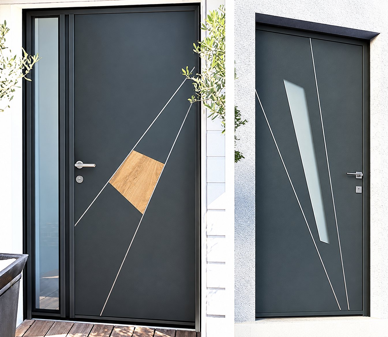 Deux portes d’entrée aluminium anthracite posées par Olonne Fermetures